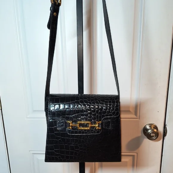 Vintage TALBOTS Black/Gold Crocodile Embossed Crossbody Bag NICE - Picture 3 of 15